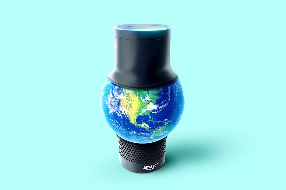 An Alexa smart speaker folding over the earth