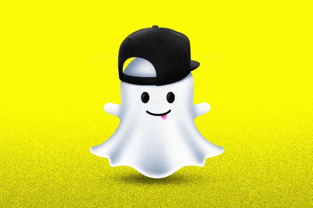 An illustration of Snap's ghost with a backwards cap on its head