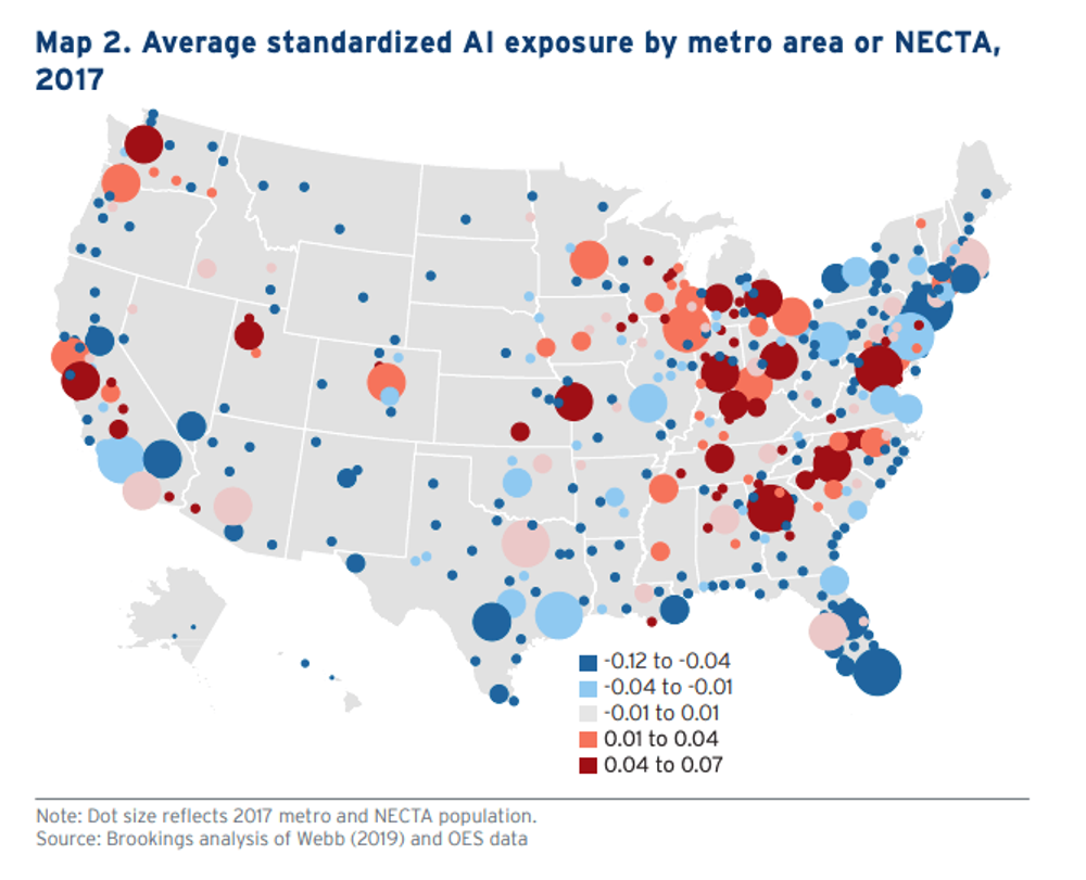 A map of AI exposure scores by metro area