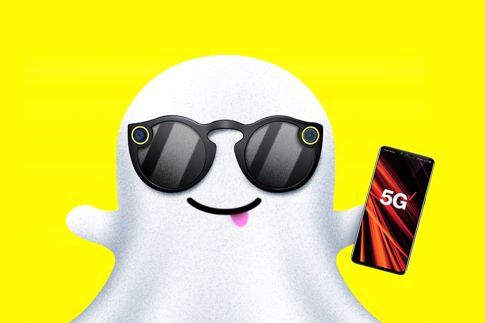 snapchat ghost wearing glasses, holding 5G Verizon phone