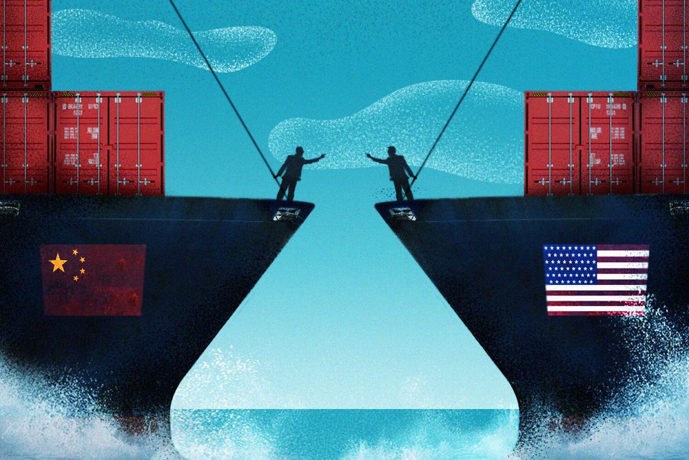 china and U.S. cargo ships facing each other, with people on each pointing at each other and yelling