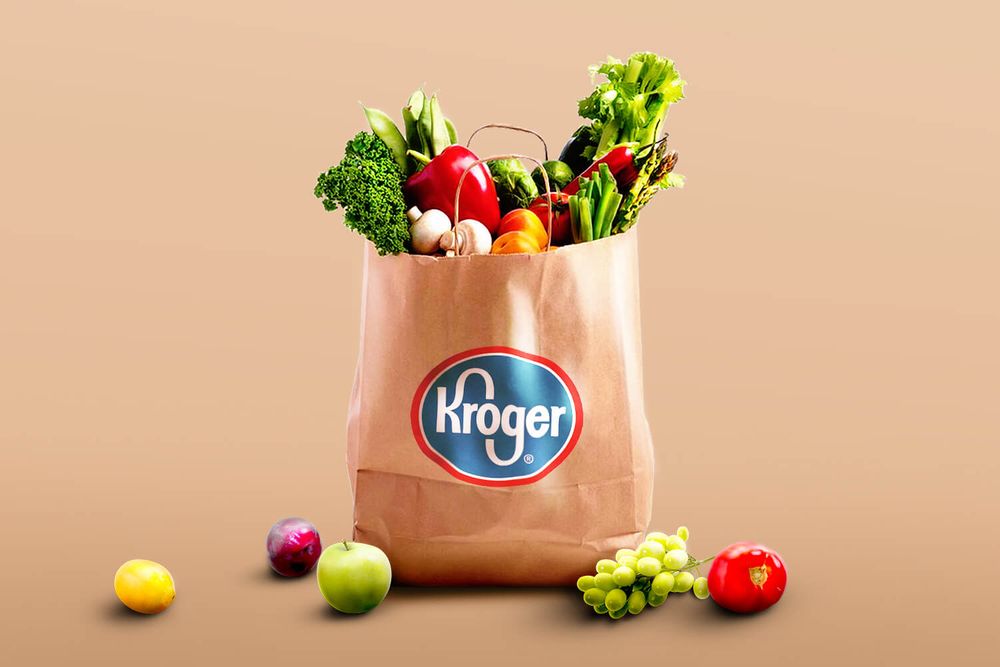 A bag of groceries with Kroger's logo