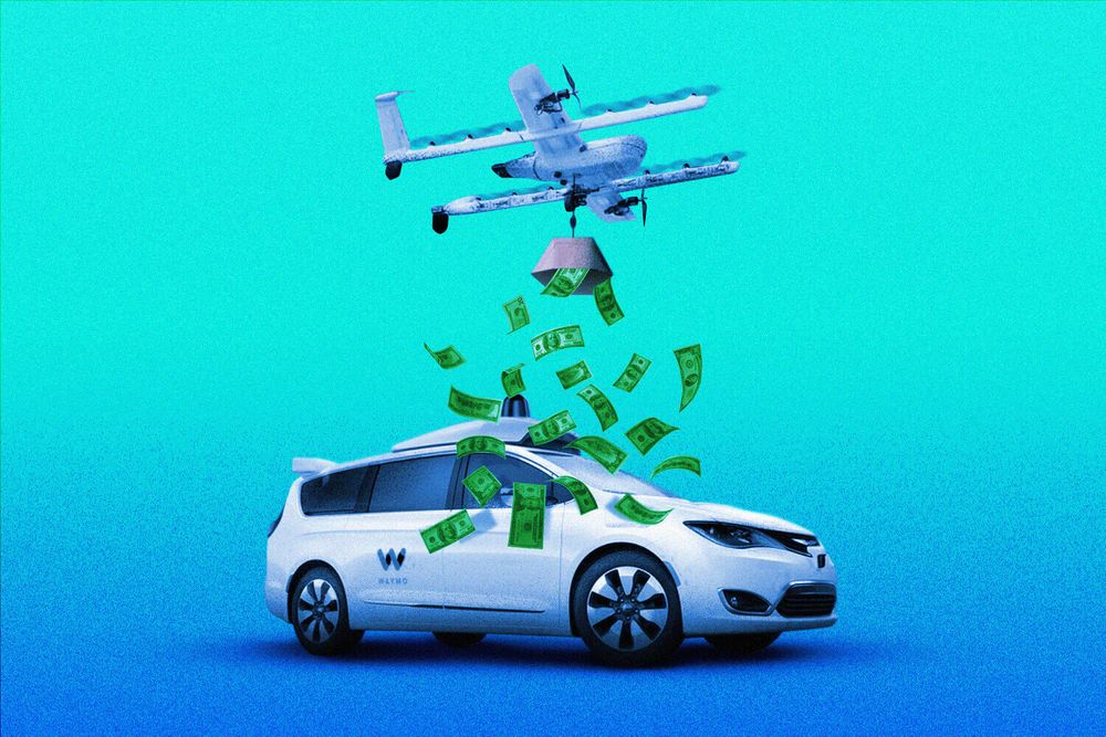 wing drone spilling cash over a Waymo van