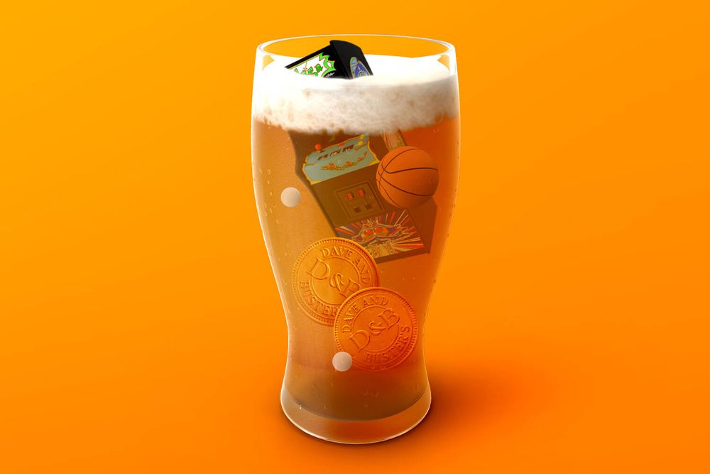 A beer glass filled with Dave & Buster's icons 