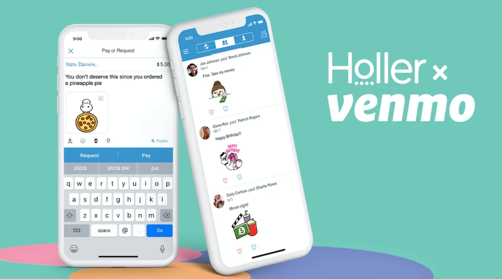 Two phones on a background displaying the new Venmo x Holler stickers