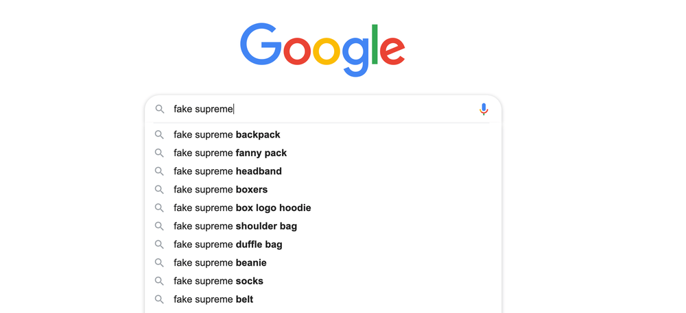 A Google search for fake Supreme merchandise