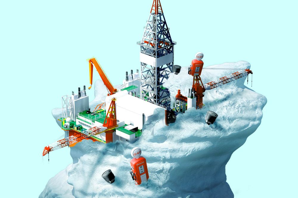 An illustration of an oil rig sitting atop a glacier. 