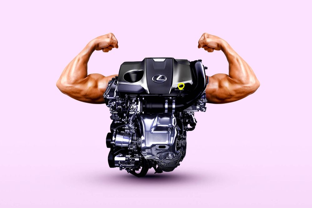 An illustration of a car with muscular arms coming out of the sides