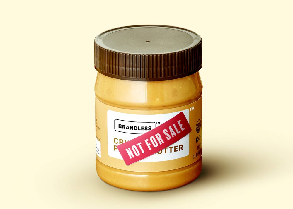 An illustration of a Brandless peanut butter jar with a "not for sale" sticker on it