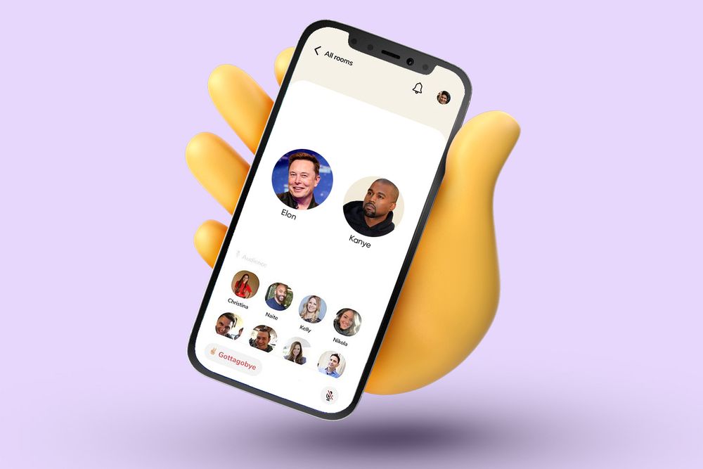 Clubhouse app on phone with Elon and Kanye as speakers