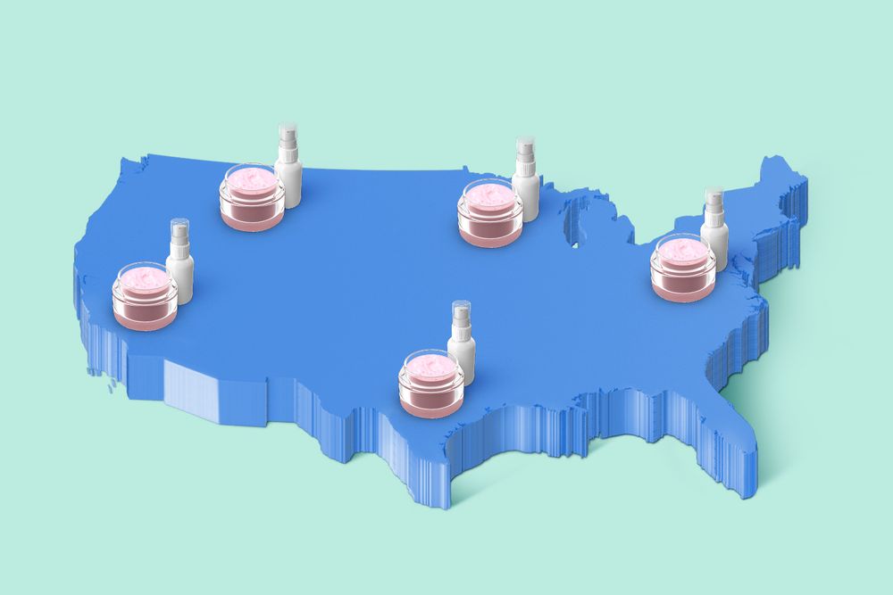 Outline of US map with skincare products 