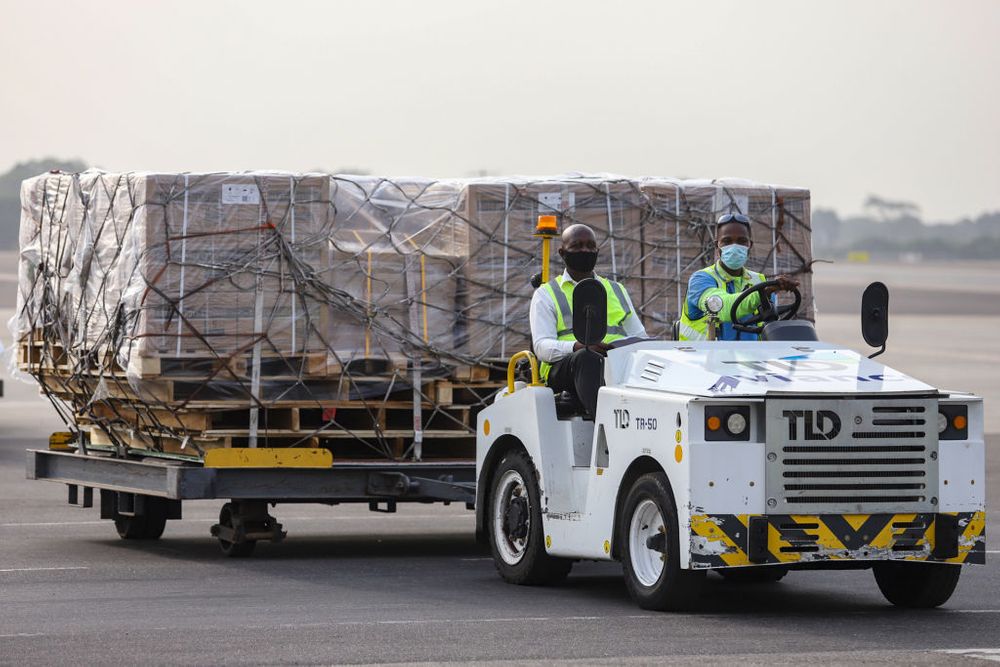 A dolly carrying a shipment of Covid-19 vaccines in Accra, Ghana