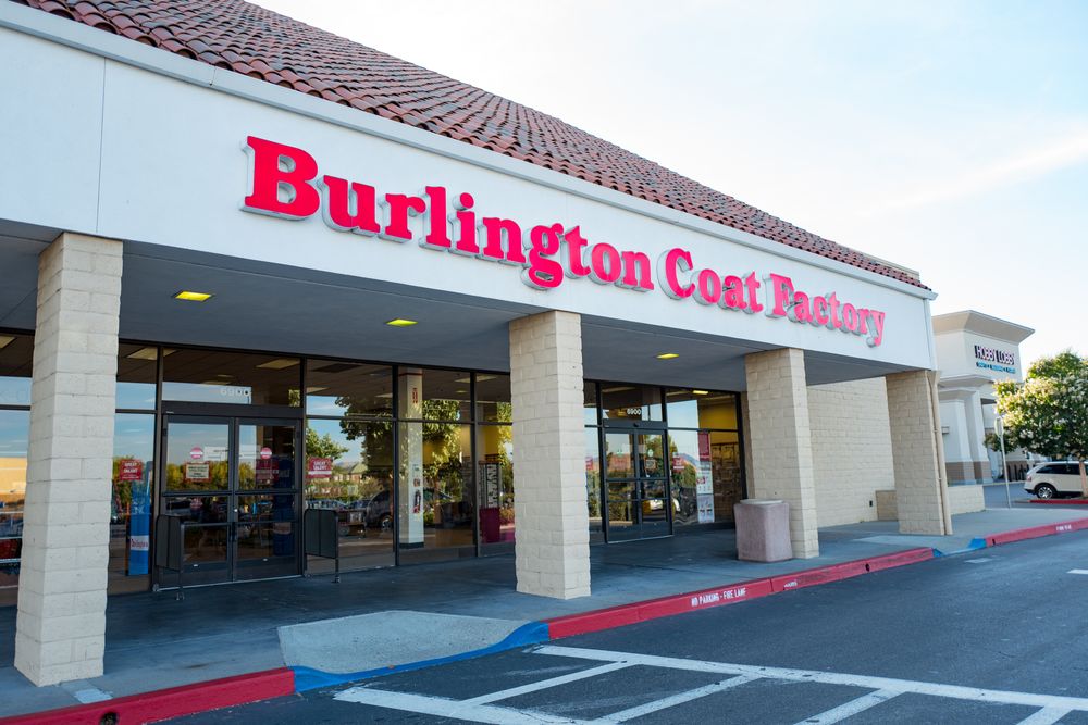 Facade with sign and logo at Burlington Coat Factory clothing retailer b...