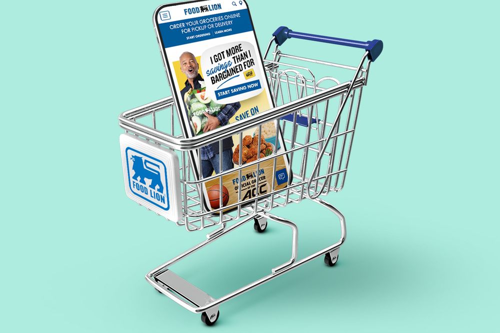 shopping cart with iphone inside show Food Lion delivery app