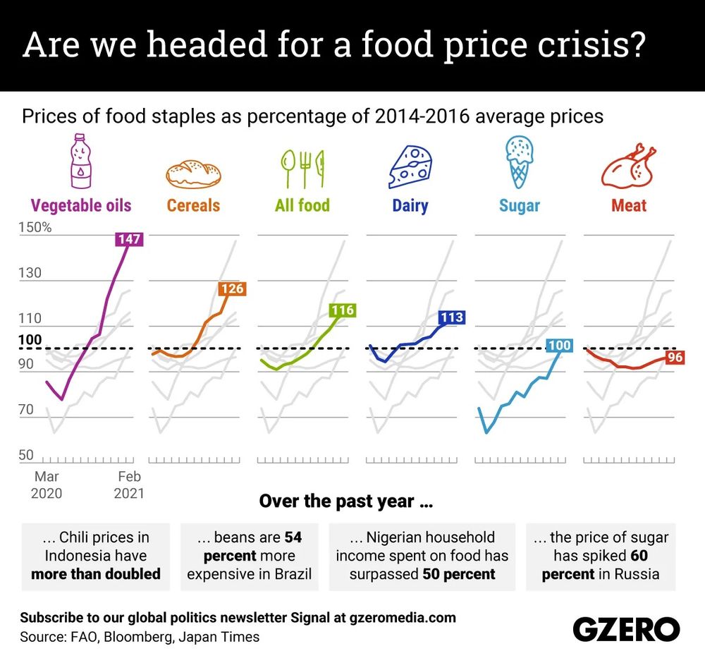 A graph showing prices of food staples as a percentage of 2014-2016 average prices; vegetable oils have increased 147% as of February 2021, cereals 126%, dairy 113%, sugar 100%, and meat 96%. Overall, all food prices are up 116%. 