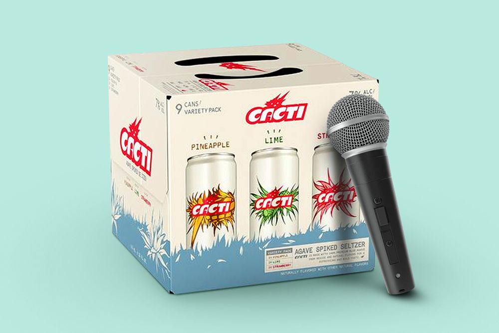 Cacti agave hard seltzer 9-pack with mic leaning on box 