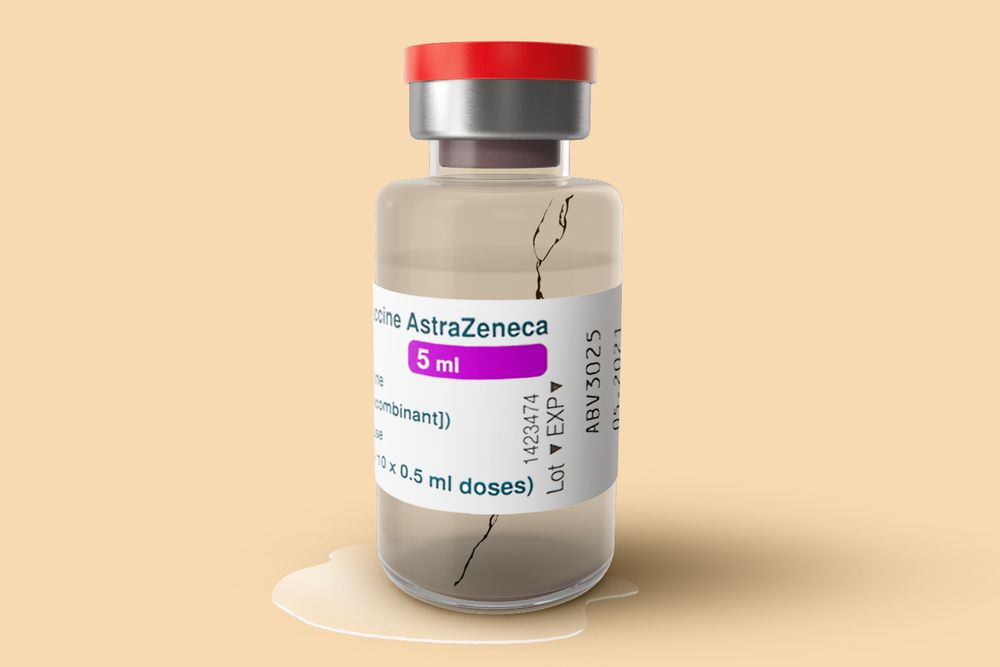 An illustration of a cracked and leaking glass vial with a red cap and an AstraZeneca label on it in front of a peach background.