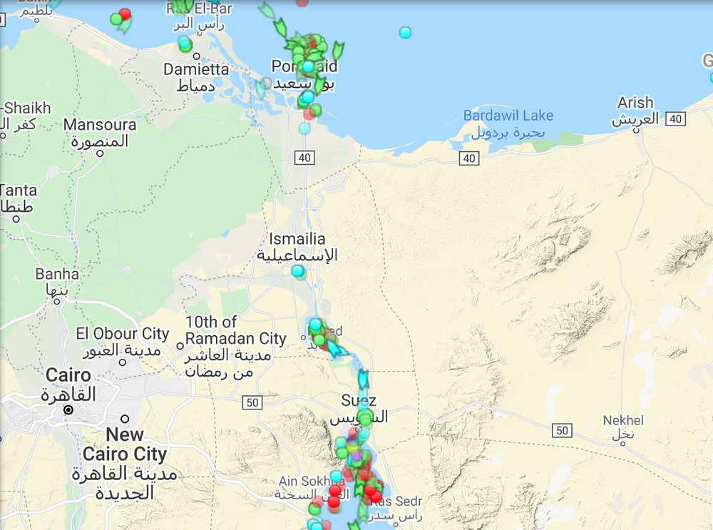 Map showing the Suez canal and ships 