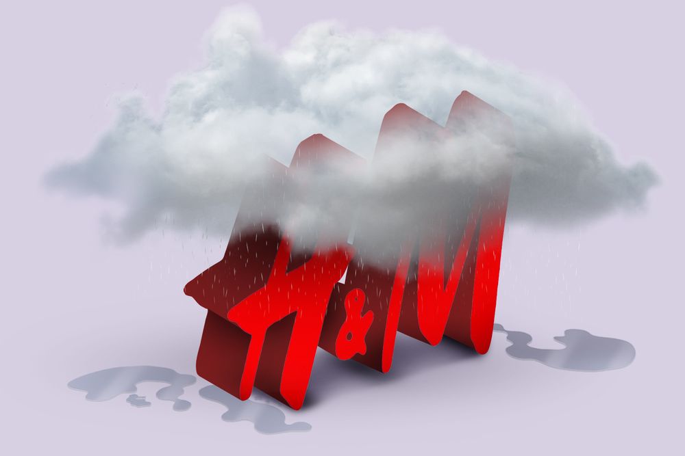 An illustration of a dark rain cloud hovering over the red H&M logo in front of a pale purple background.