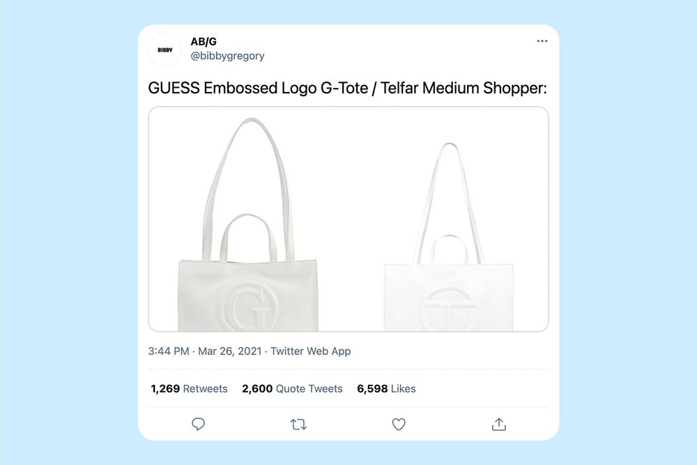 Tweet showing Guess bag side by side with Telfar bag that Guess copied