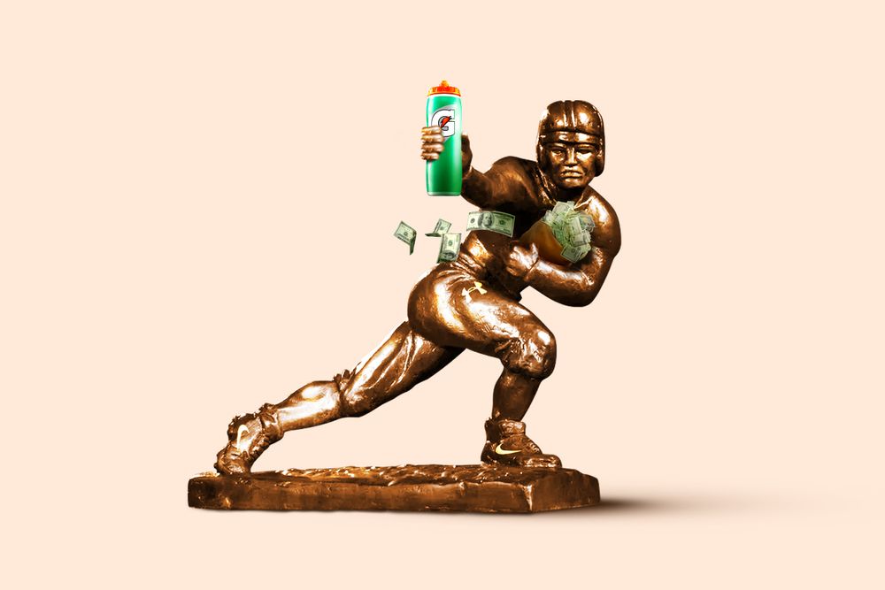 An illustration of the Heisman trophy. The bronze figuring of a football player is holding a gatorade bottle in one hand and cradling a bag of money in the other. 