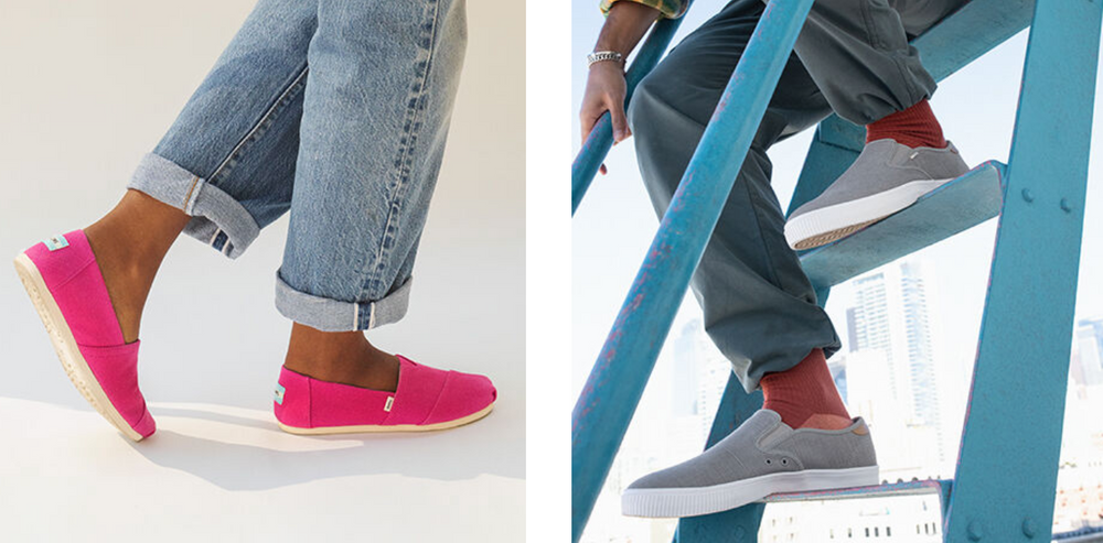 Side by side images of people wearing Toms shoes