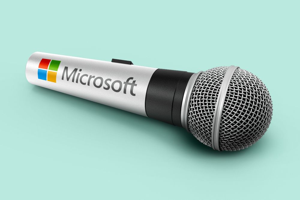 An illustration of a microphone in front of a turquoise background with the Microsoft logo and name emblazoned on the silver metal handle. 