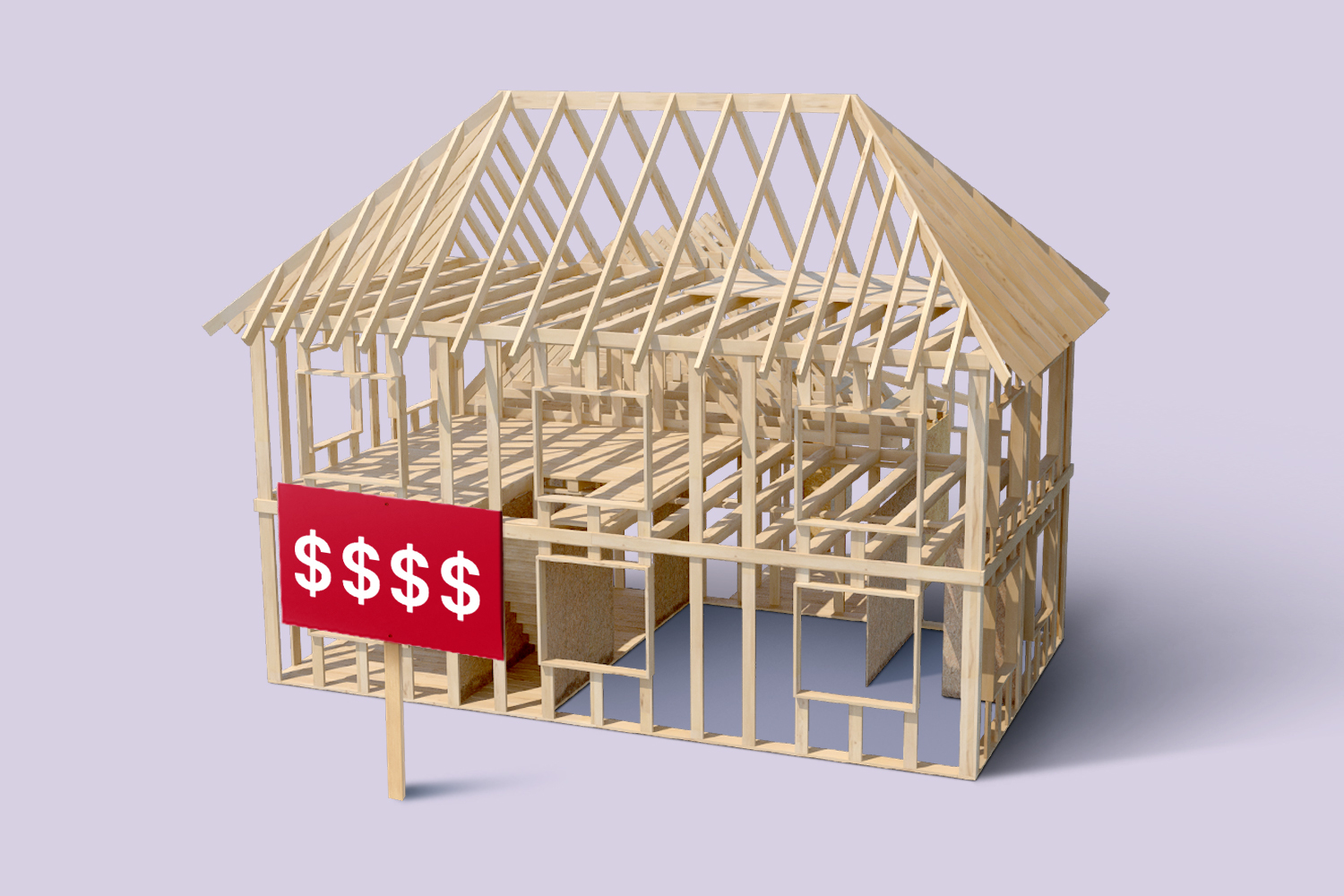 An illustration of the wooden frame of a house in front of a lavender background. In front of the house is a red sign with four $ printed on it.