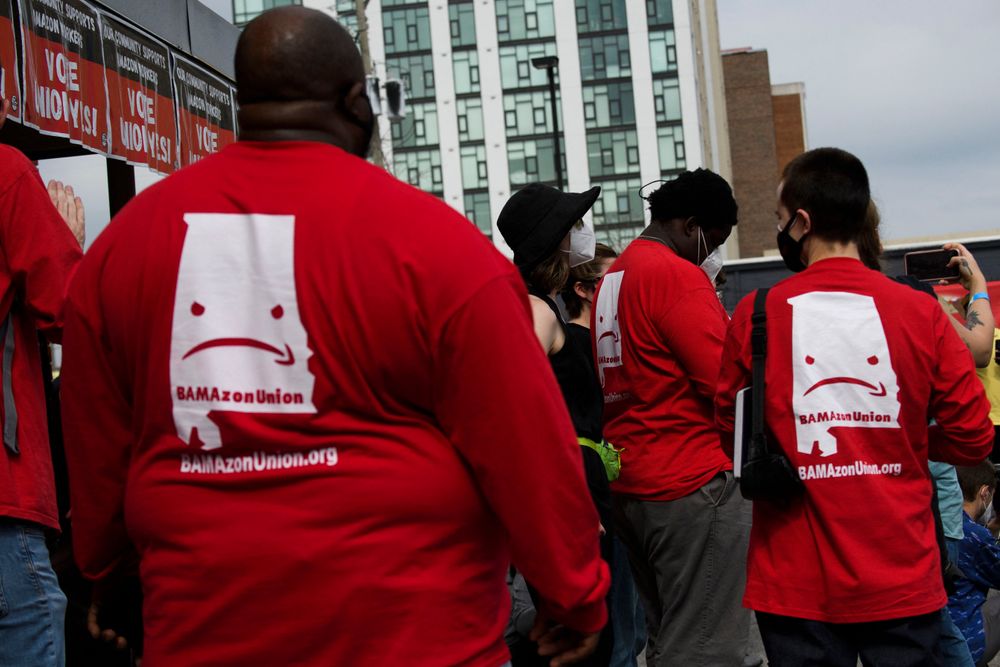 Organizers wear shirts in support of the unionization of Amazon.com, Inc...