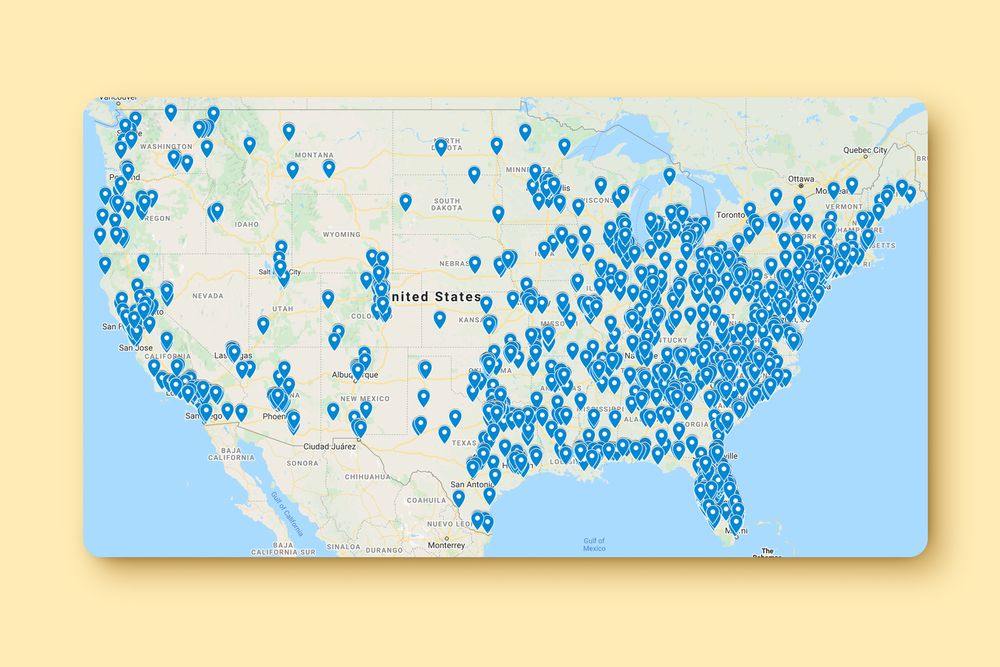 Map with pins for each store carrying Nuggs