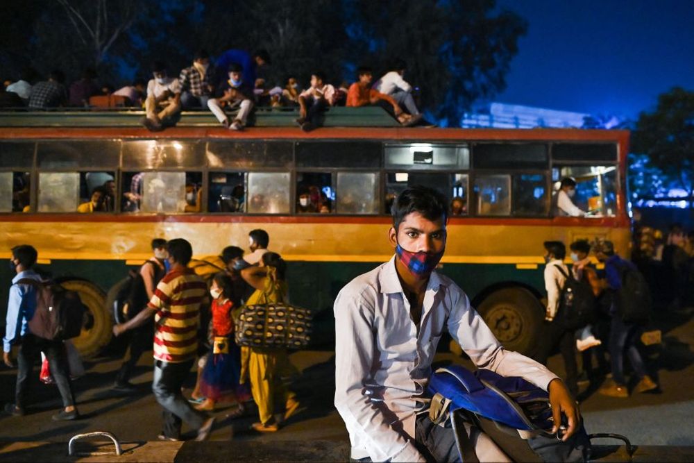 Crowded bus station in New Delhi