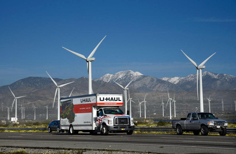 PALM SPRINGS, CALIFORNIA - FEBRUARY 27, 2019: A U-Haul truck and other v...