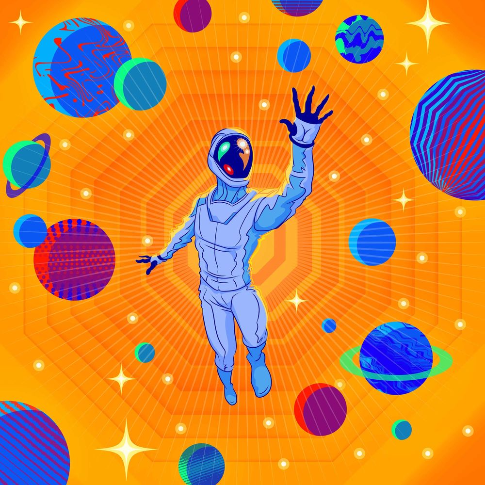 An illustration of an astronaut suspended in space. The background is orange with octagon shapes in a pattern reminiscent of the hallway from "A Space Odyssey." Scattered around the astronaut are planets in bright shades of red, pink, purple, and blues. 