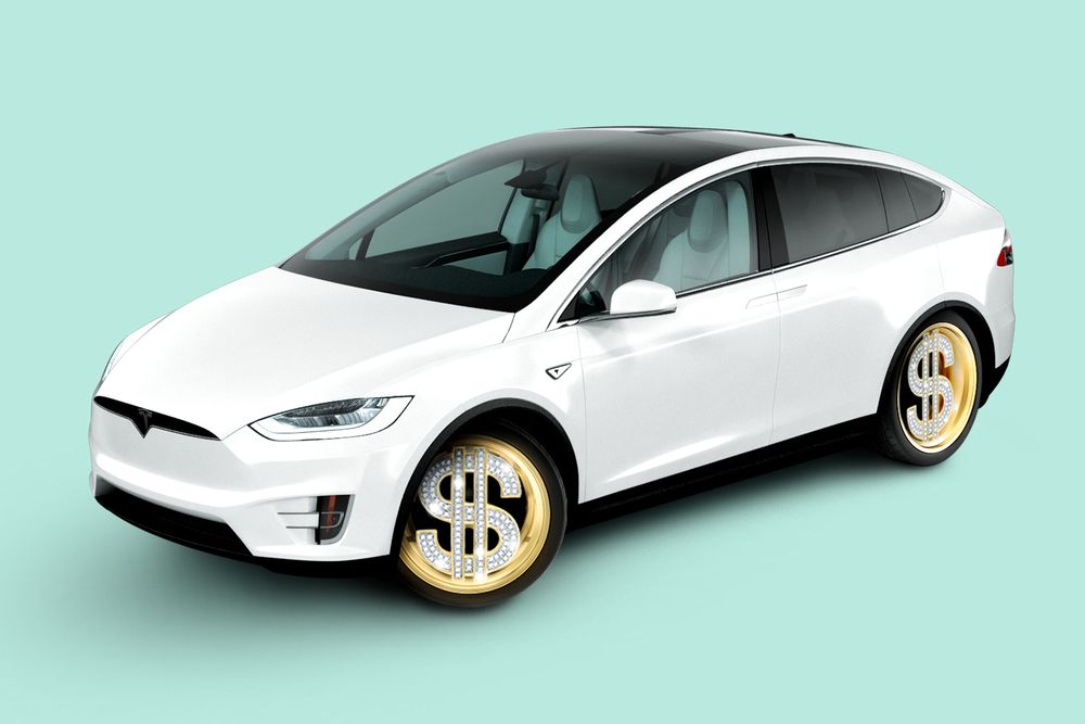 An illustration of a white Tesla sedan in front of a turquoise background. The tire rims are bedazzled silver dollar signs surrounded set in a gold circle. 