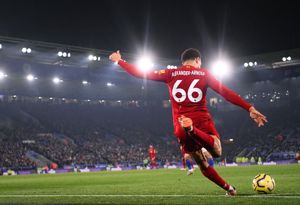 LEICESTER, ENGLAND - DECEMBER 26: Trent Alexander-Arnold takes a corner ...