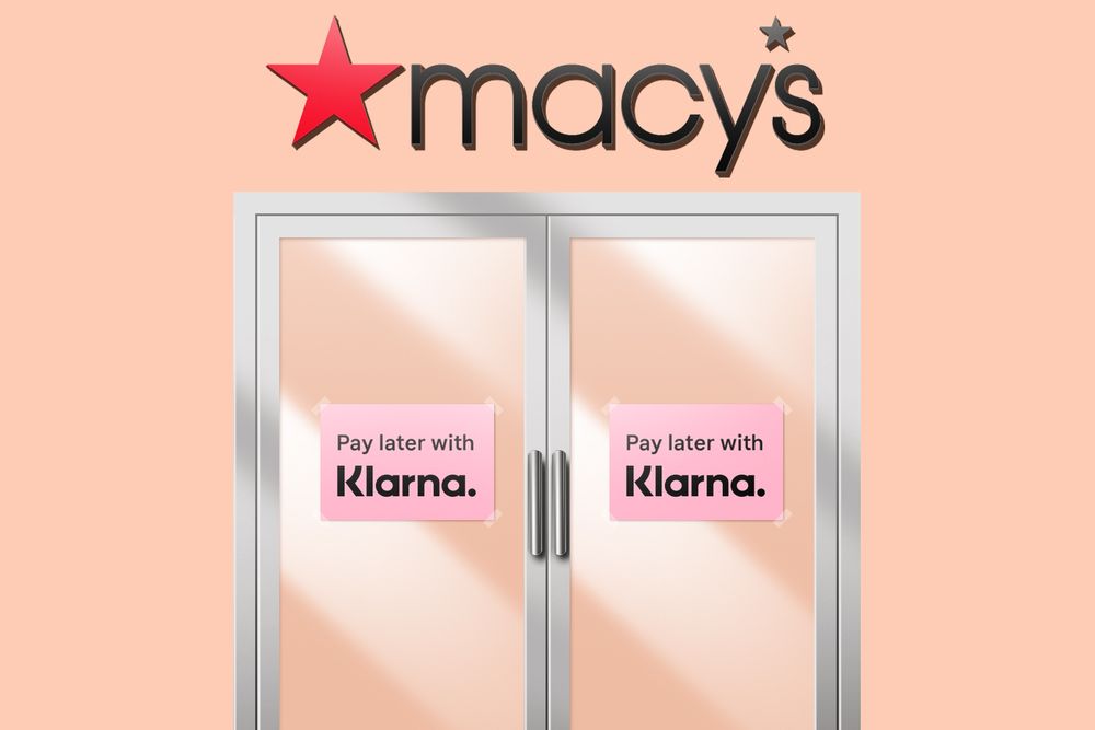 Macy's store doors with signs to pay later with Klarna