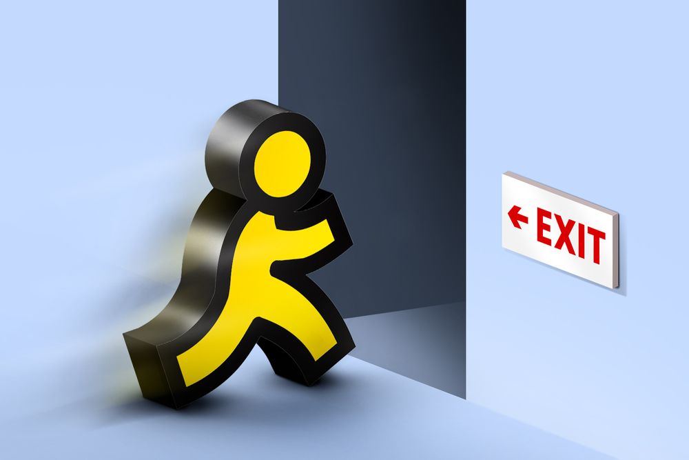 An illustration of the yellow AOL running man logo headed into a dark doorway with a red "exit" sign pointing at it. 