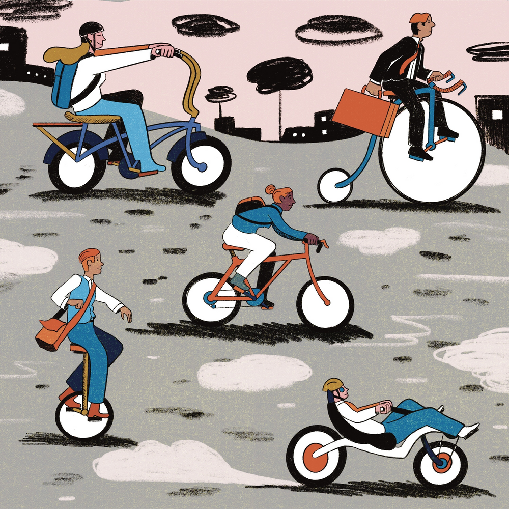 A colorful illustration of a parade of five commuting cyclists riding different kinds of bikes. In the background are playful cloud shapes.