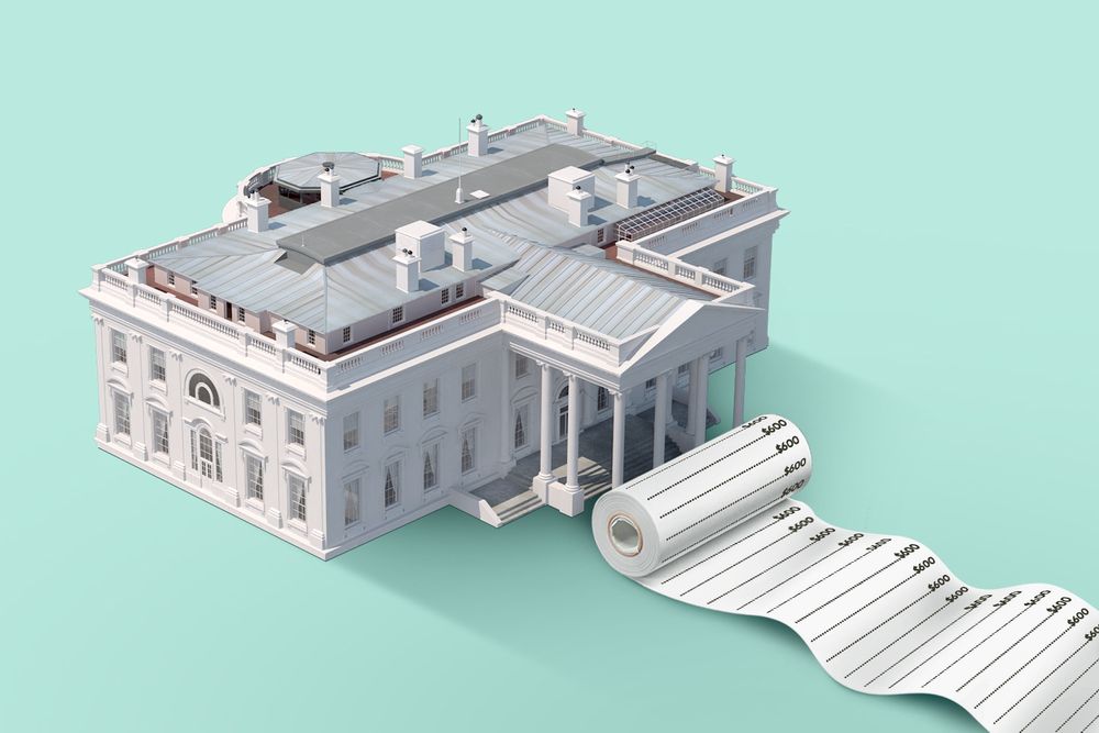 An illustration of the White House in front of a teal background. A large, rolled up receipt that unfurls to the edge of the picture sits at the base of the building's entrance.  