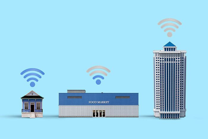 Home, food market, and office building with wireless signals. Strongest signal comes from mobile data at home, medium signal from store, and no signal from office building