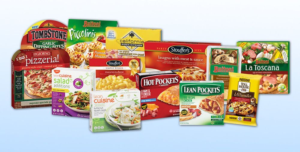A photograph showing a variety of packaged Nestle food products, including frozen pizzas and hot pockets, Stouffer's lasagna and mac 'n cheese, Toll House cookie dough, and Lean Cuisine microwave dinners 