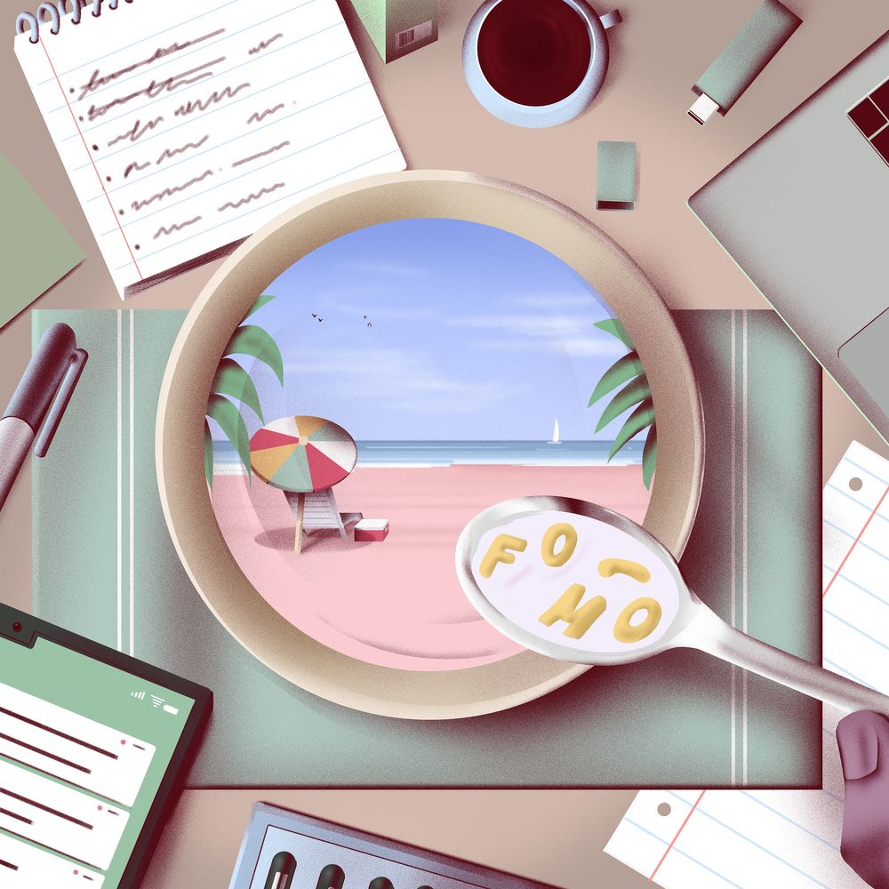 An illustration of a bowl on a desk littered with white and light green papers and office supplies. Within the bowl is a beach scene, and a floating spoon is filled with milk and cereal letters that spell out FOMO.
