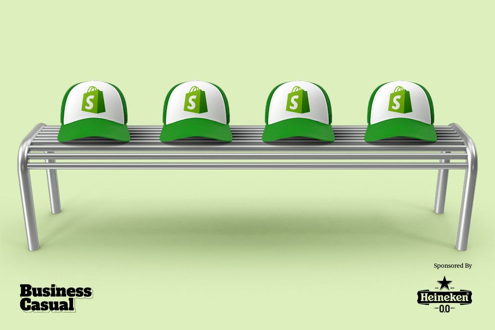 An illustration of a metal bench with four green and white baseball caps on it. The caps all display Spotify's green logo (shaped like a shopping bag with a white S on it). 