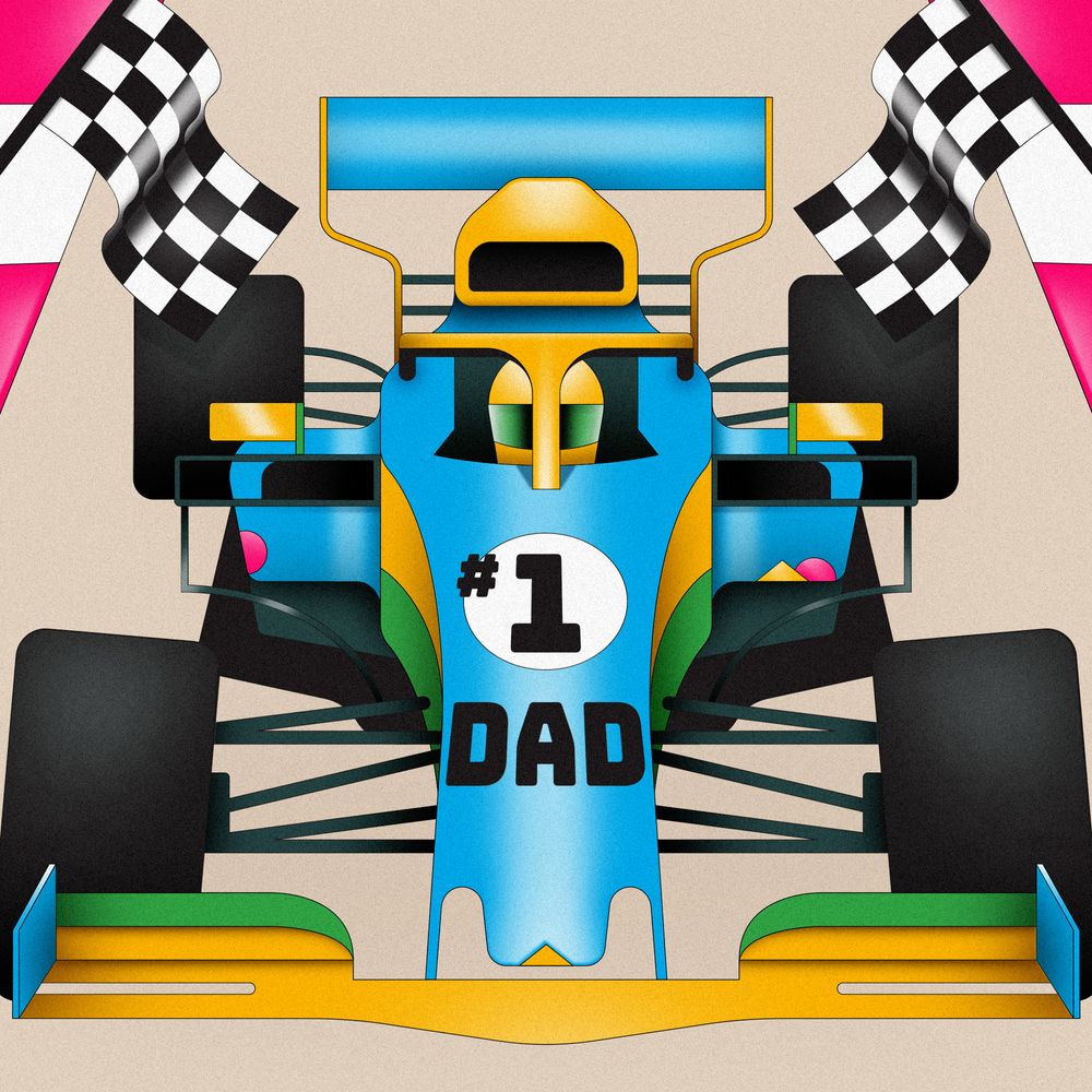 An illustration of a front-on view of a Formula 1 car in shades of blue, yellow, and green. "#1 Dad" is written on the hood, and checkered flags are waving on both sides. 