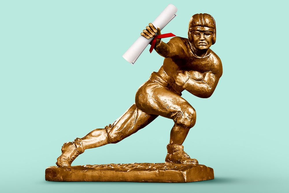 An illustration of a bronze Heisman trophy in front of a turquoise background. The statue shows a football player running with a ball. In his outstretched hand, he is holding up a rolled-up diploma with a ribbon.