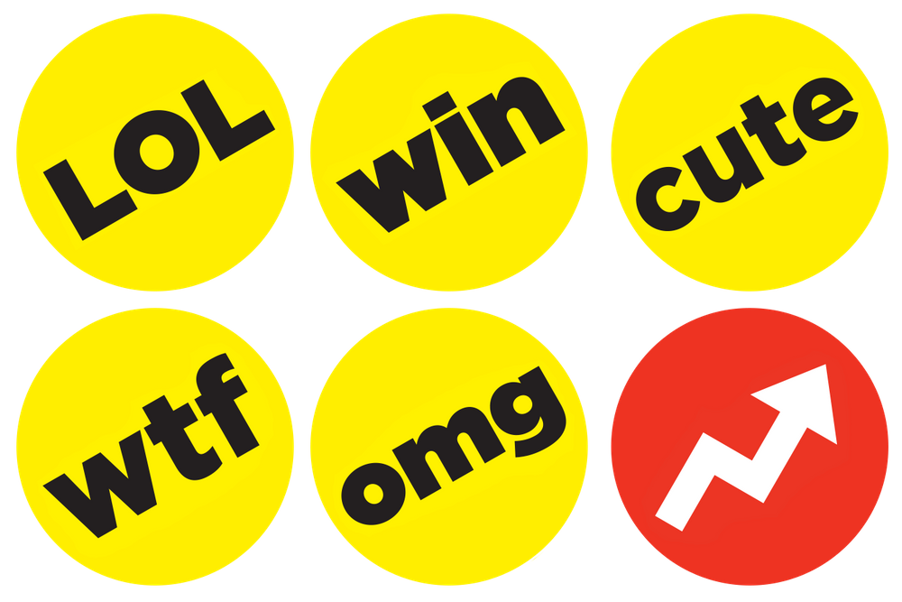 Buzzfeed logo with text lingo: Lol, win, cute, wtf, omg