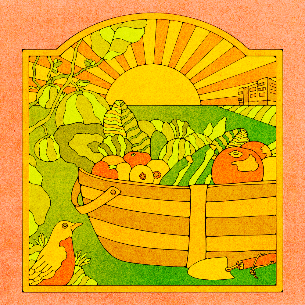 An illustration of a basked filled with produce in front of a framed sunset. The entire image is warm shades of oranges, yellows, browns, and greens. In the bottom left corner sits a bird, and watermelons growing on a vine sit to the left of the basket. 