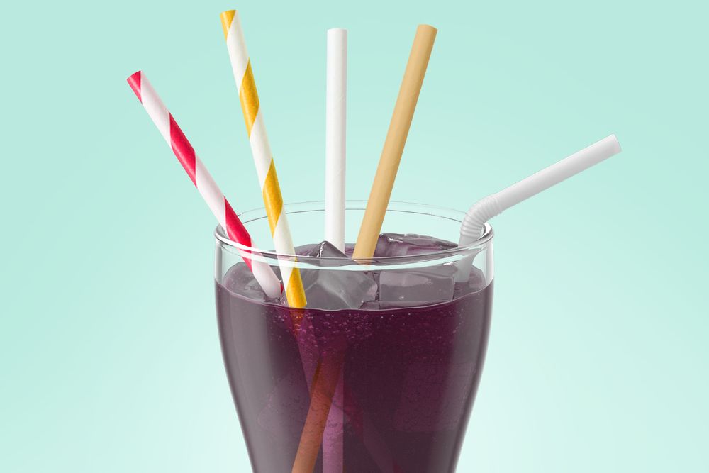 A cup with metal, paper and plastic straws