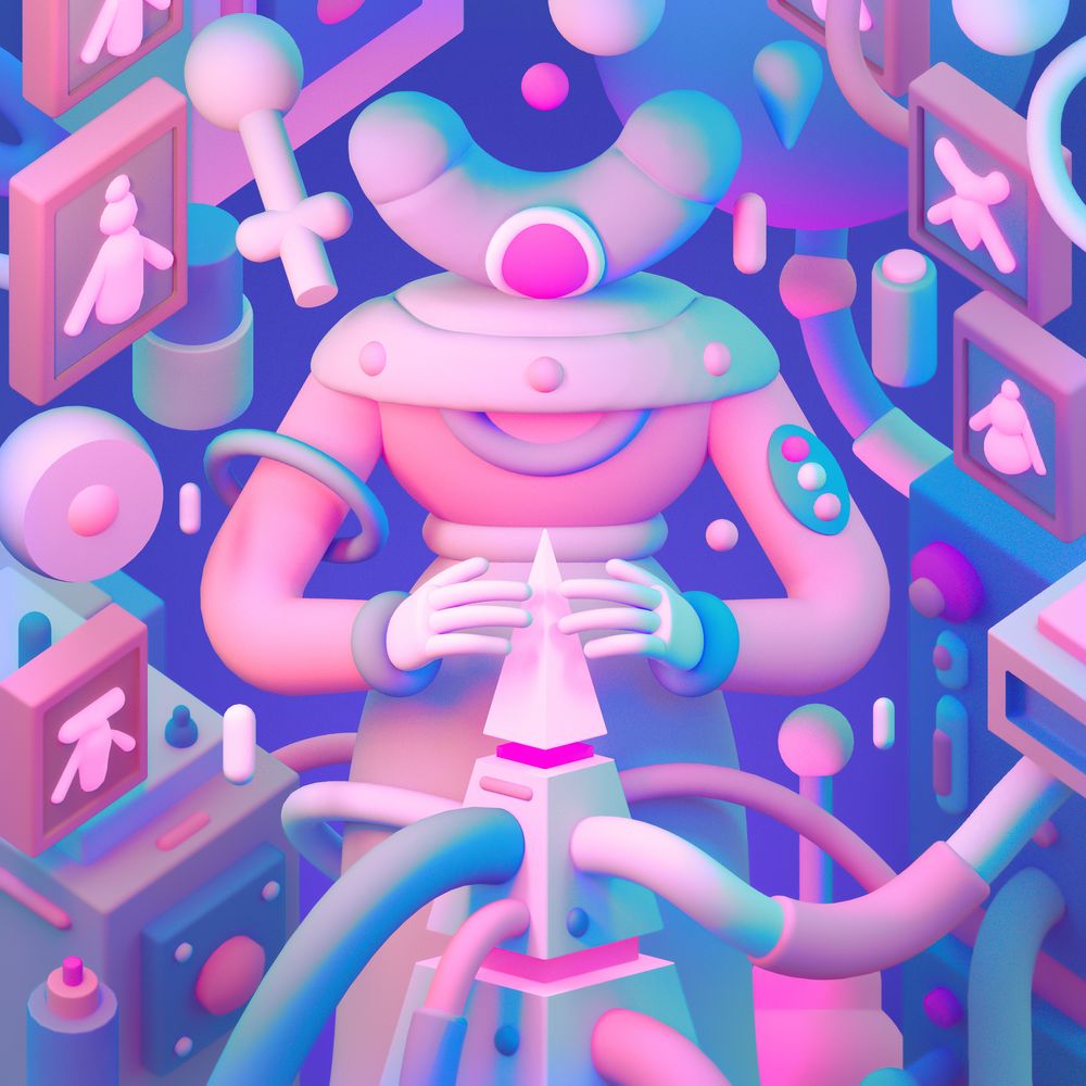 illustration of a 3D robot in pink and blue 