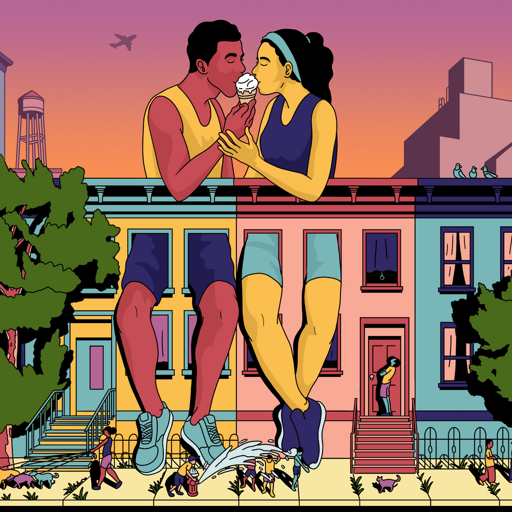 Illustration of people eating ice cream in the city